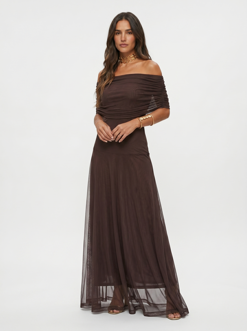 Oralie Off Shoulder Maxi Dress - Chocolate Brown