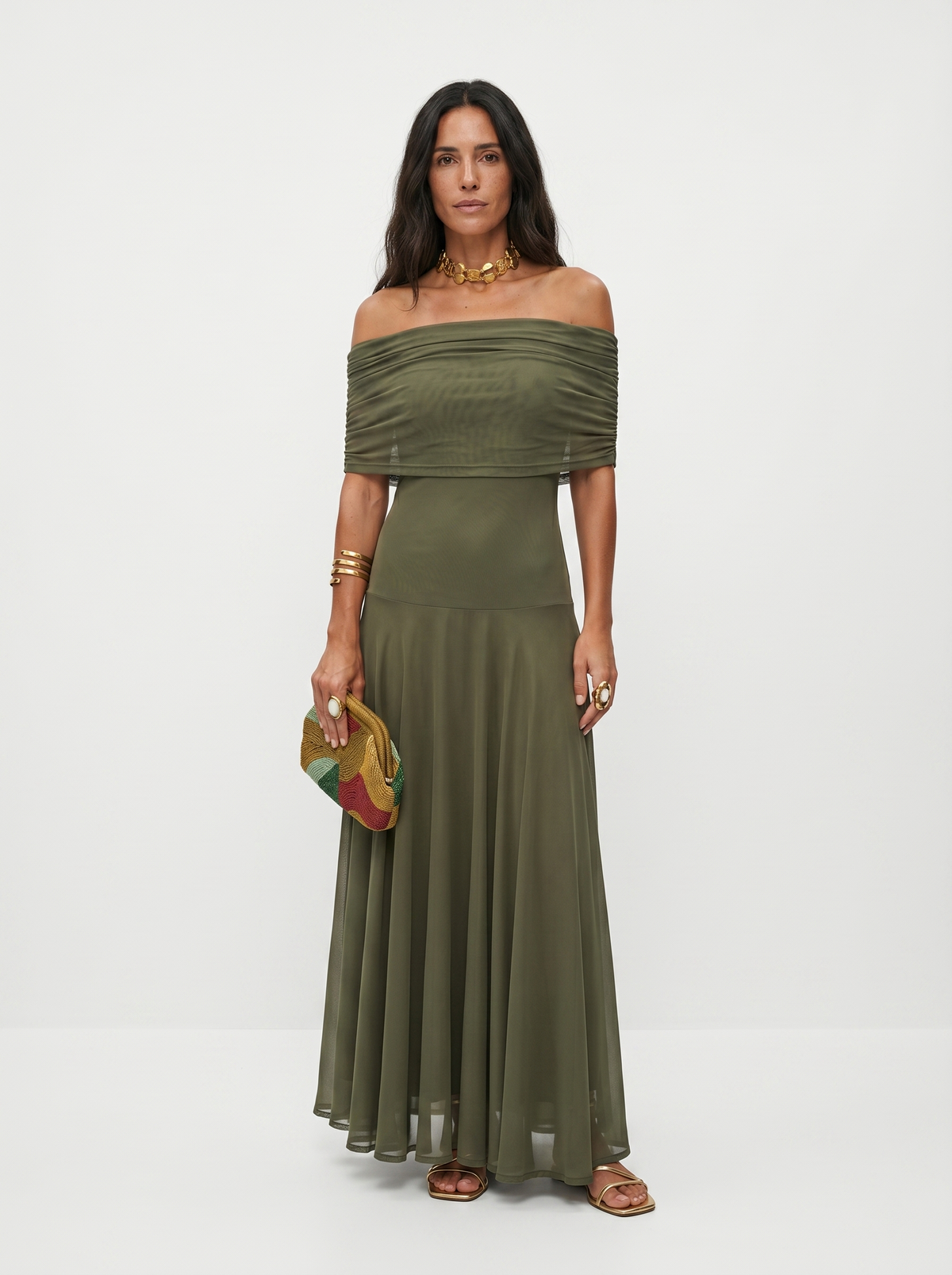 Oralie Off Shoulder Maxi Dress - Olive Green