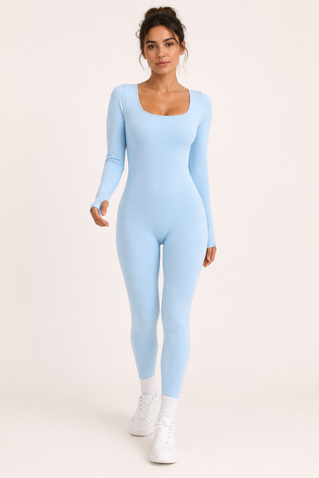 Orlena Square Neck Ribbed Jumpsuit - Light Blue