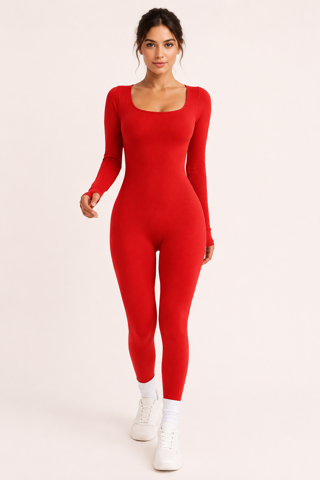 Orlena Square Neck Ribbed Jumpsuit - Red