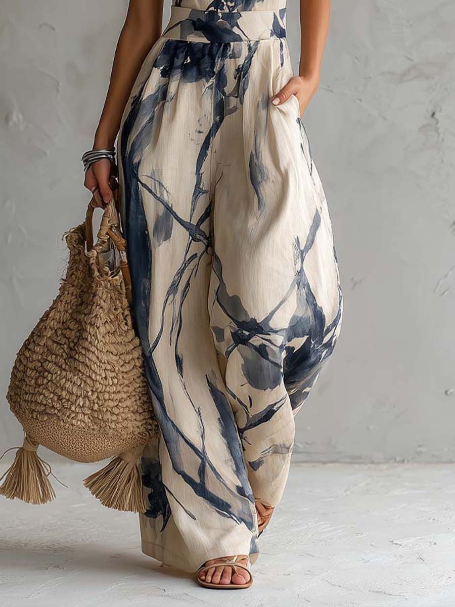 Oxana Halter Neck Wide Leg Jumpsuit - Ivory and Navy Print