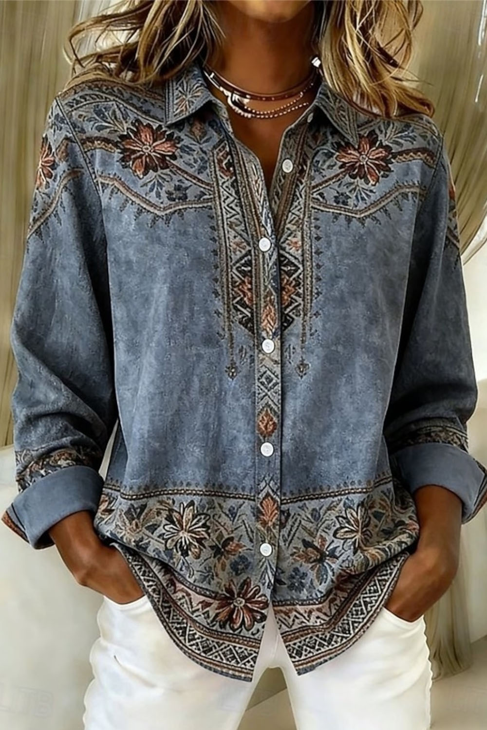 Patrizia Floral Print Button Front Shirt - Washed Blue Floral