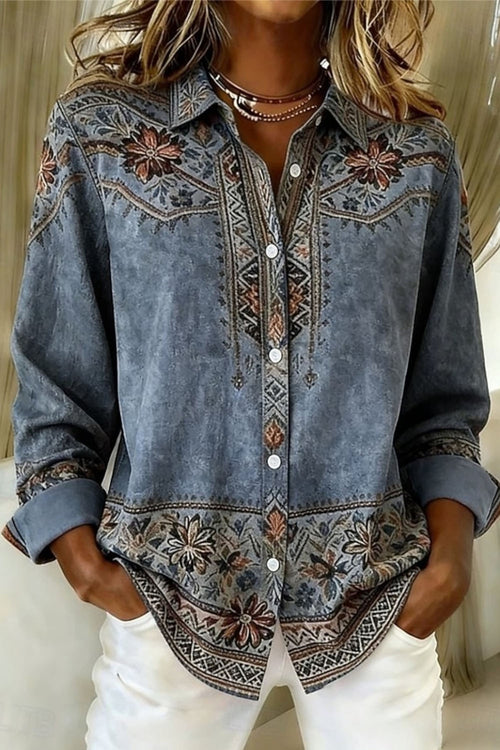 Patrizia Floral Print Button Front Shirt - Washed Blue Floral