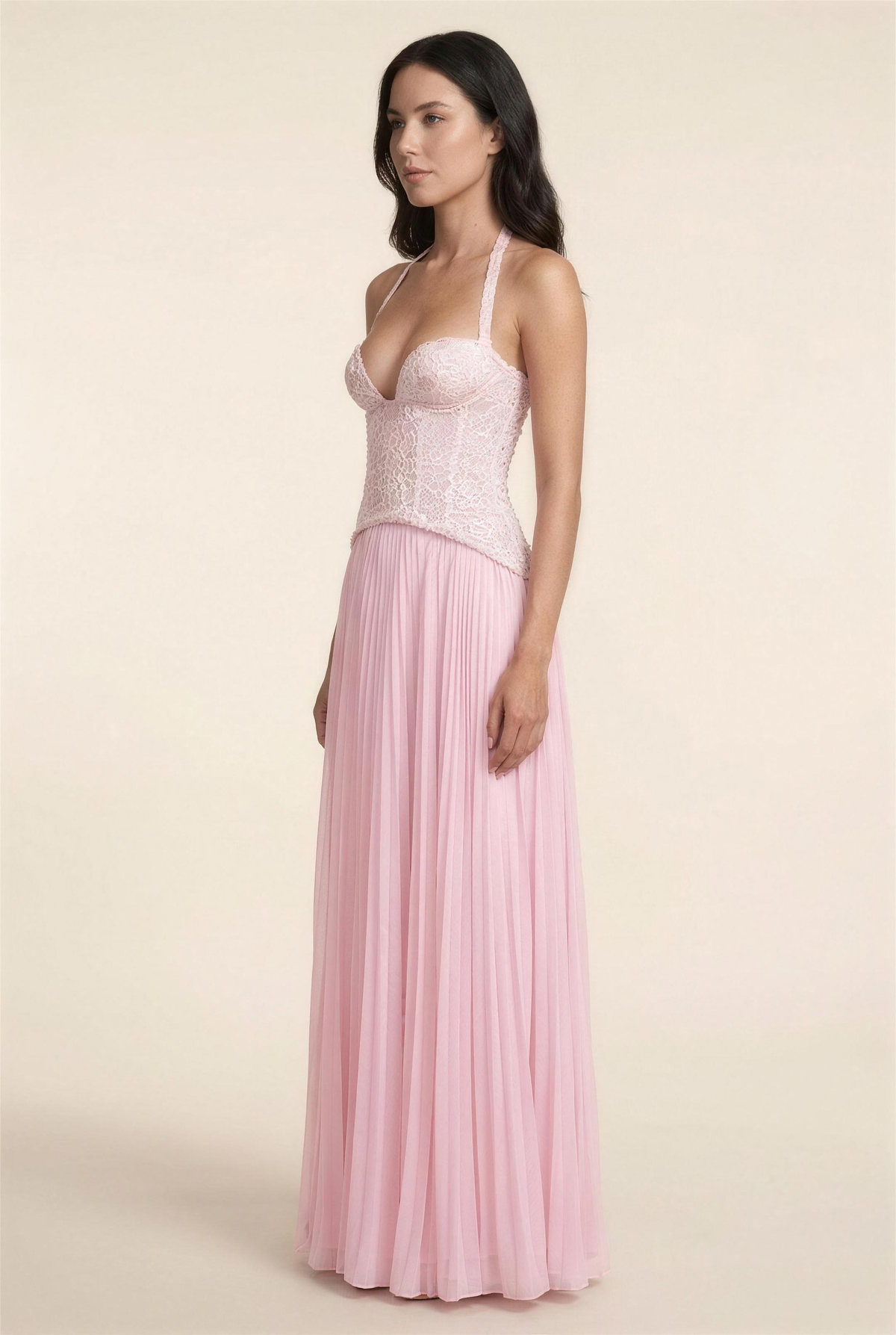 Petunia Halter Lace-Up Maxi Dress - Pink