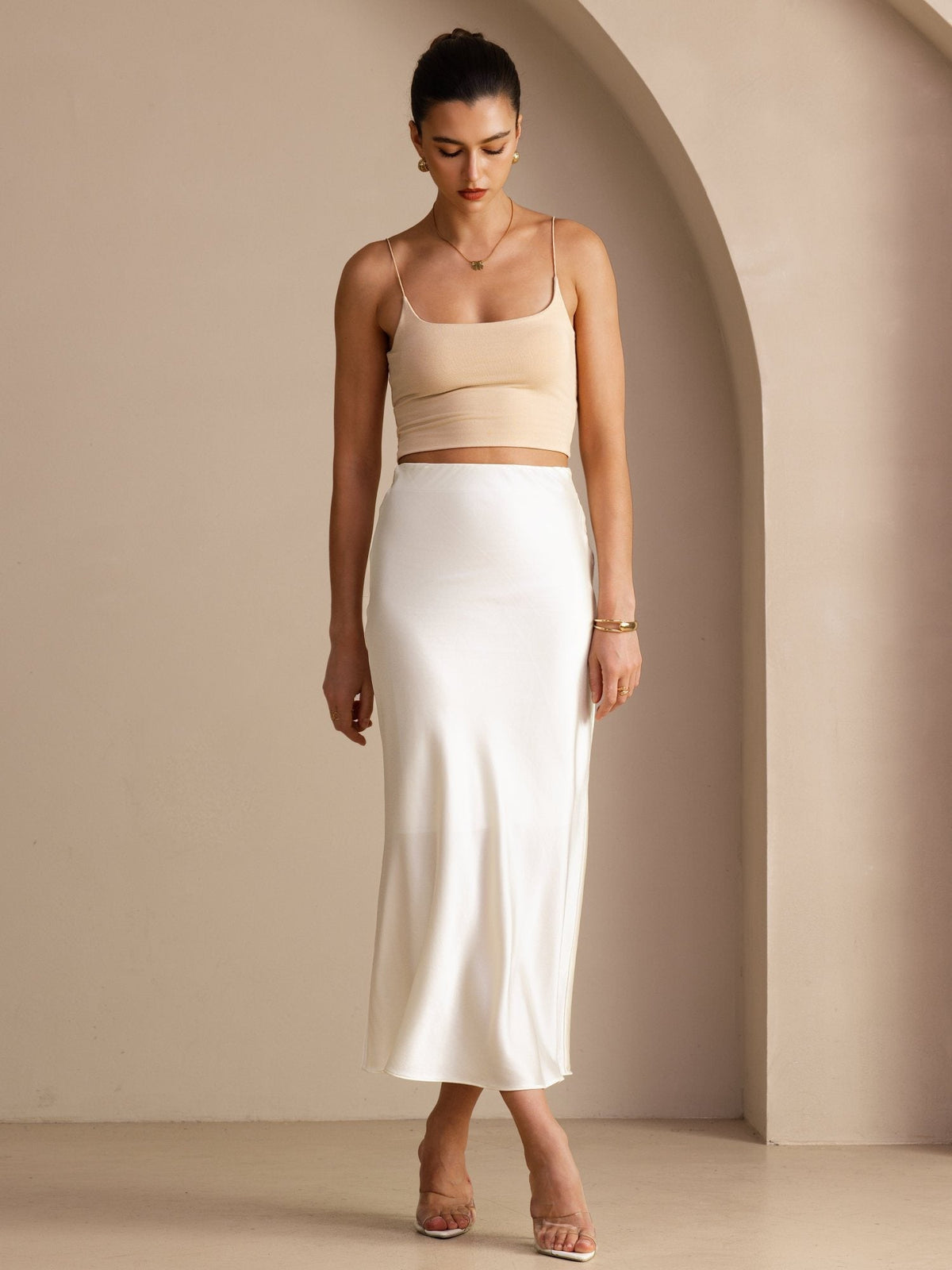 Polina High Waist Satin Maxi Skirt - Ivory