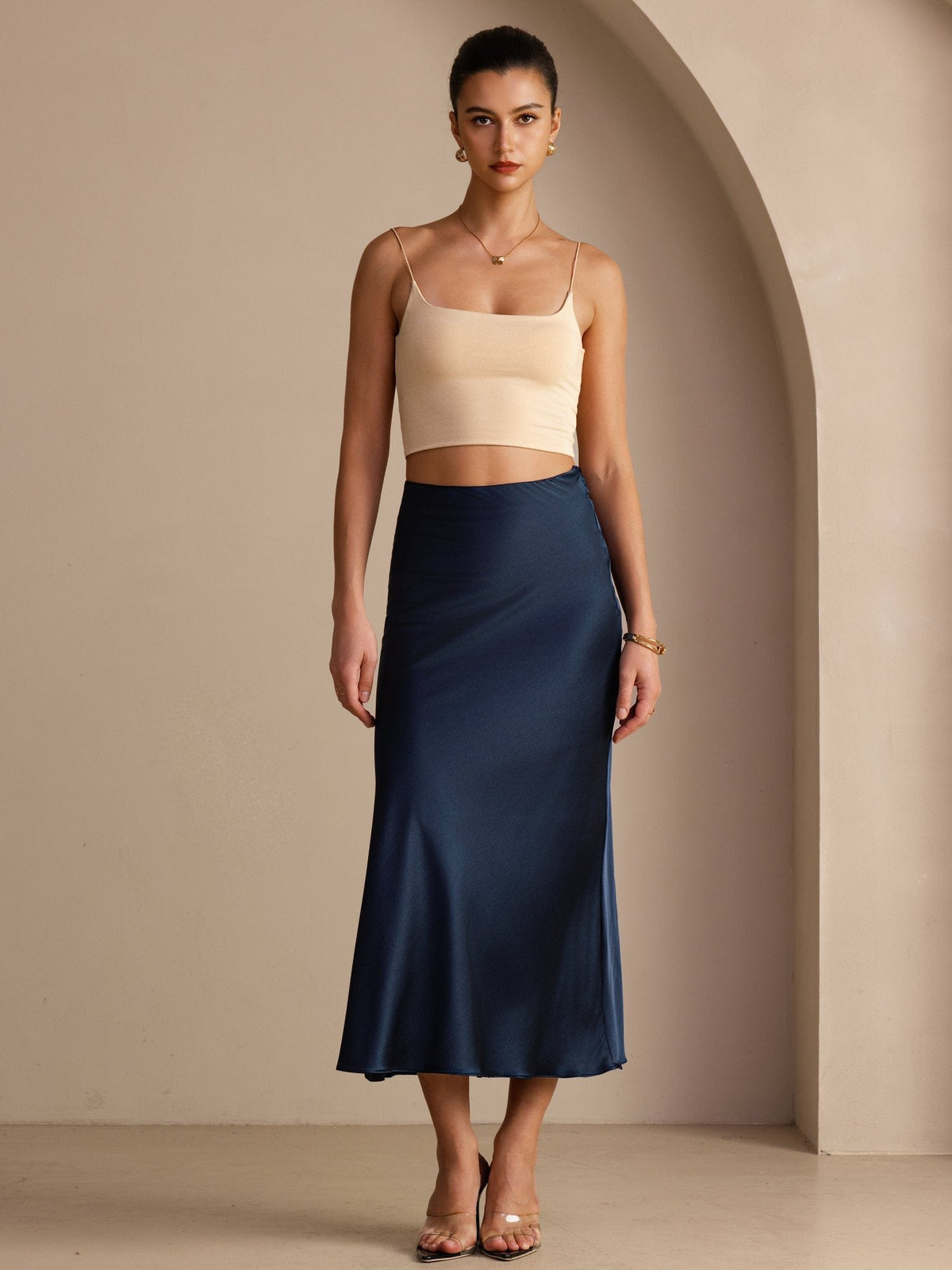 Polina High Waist Satin Maxi Skirt - Navy