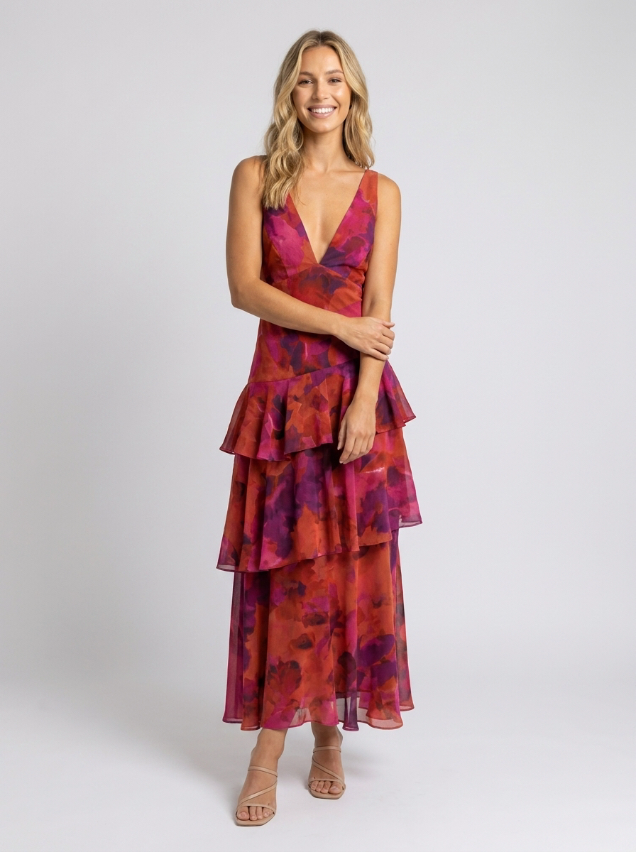 Prisca Floral Tiered Ruffle Maxi Dress - Berry Floral
