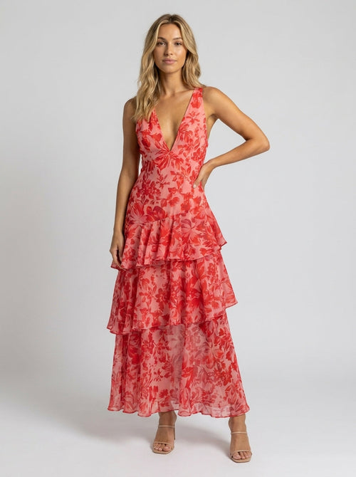 Prisca Floral Tiered Ruffle Maxi Dress - Coral Floral