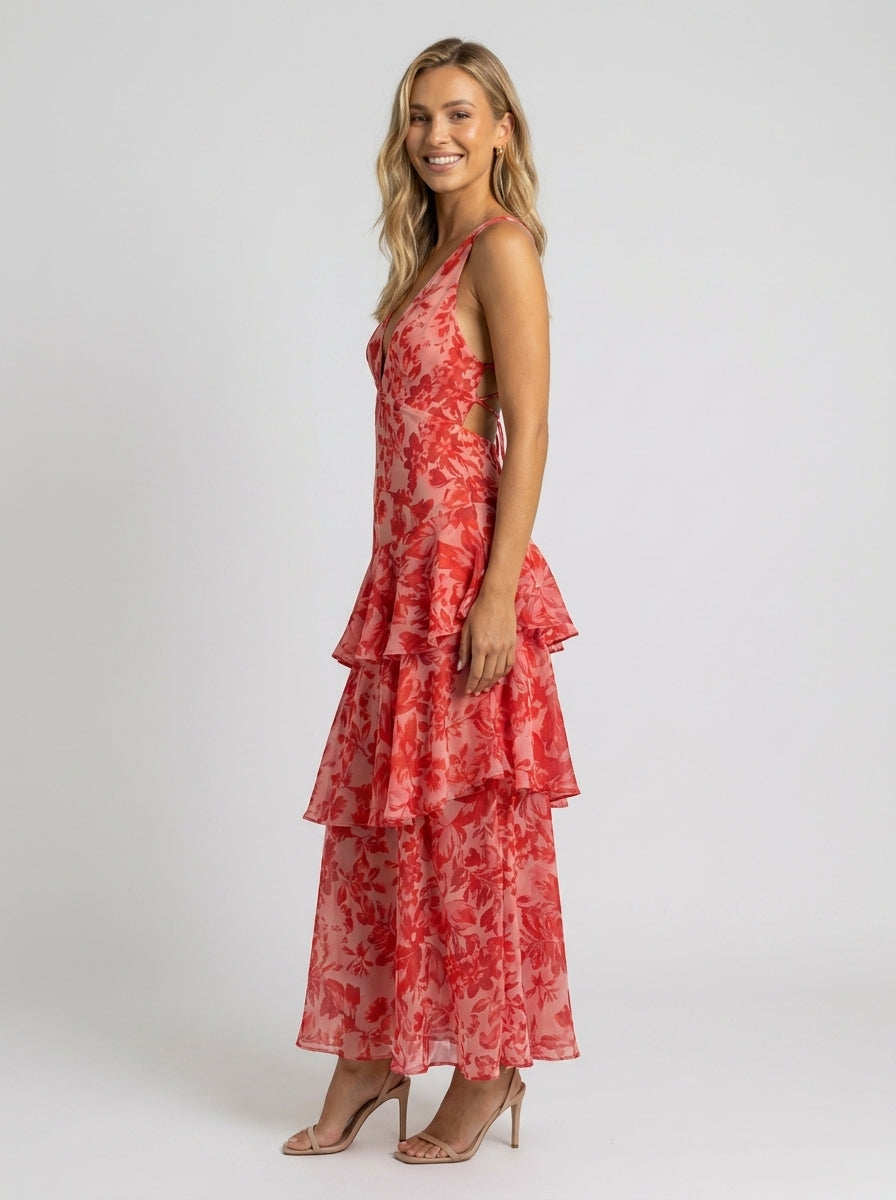 Prisca Floral Tiered Ruffle Maxi Dress - Coral Floral