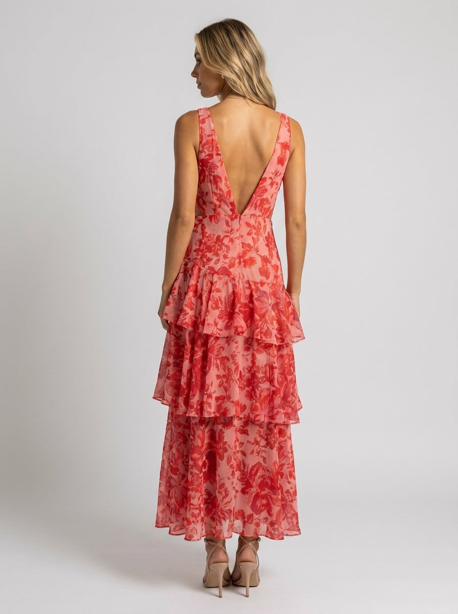 Prisca Floral Tiered Ruffle Maxi Dress - Coral Floral
