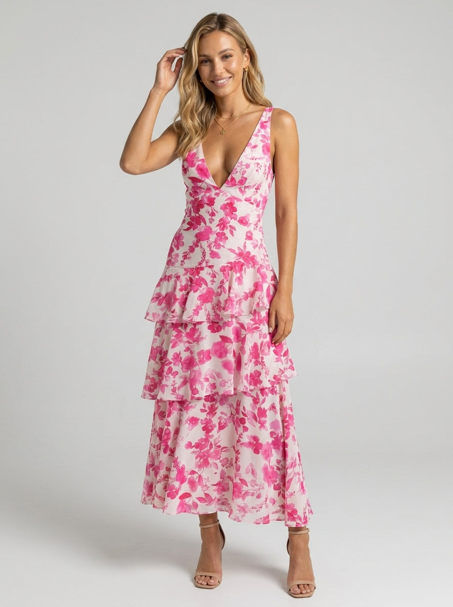 Prisca Floral Tiered Ruffle Maxi Dress - Pink and White Floral