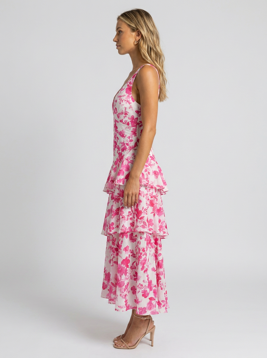Prisca Floral Tiered Ruffle Maxi Dress - Pink and White Floral