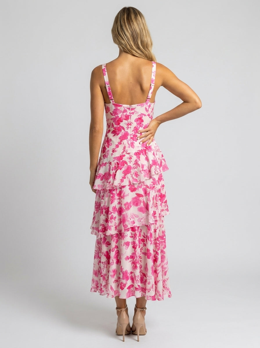 Prisca Floral Tiered Ruffle Maxi Dress - Pink and White Floral