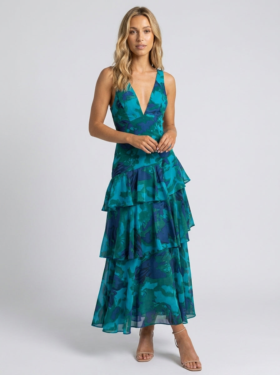 Prisca Floral Tiered Ruffle Maxi Dress - Teal Floral