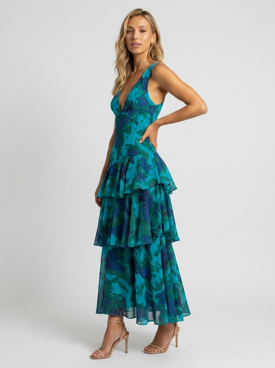 Prisca Floral Tiered Ruffle Maxi Dress - Teal Floral