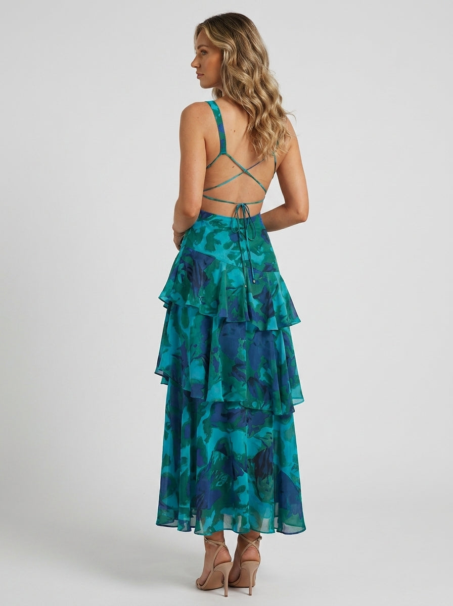 Prisca Floral Tiered Ruffle Maxi Dress - Teal Floral