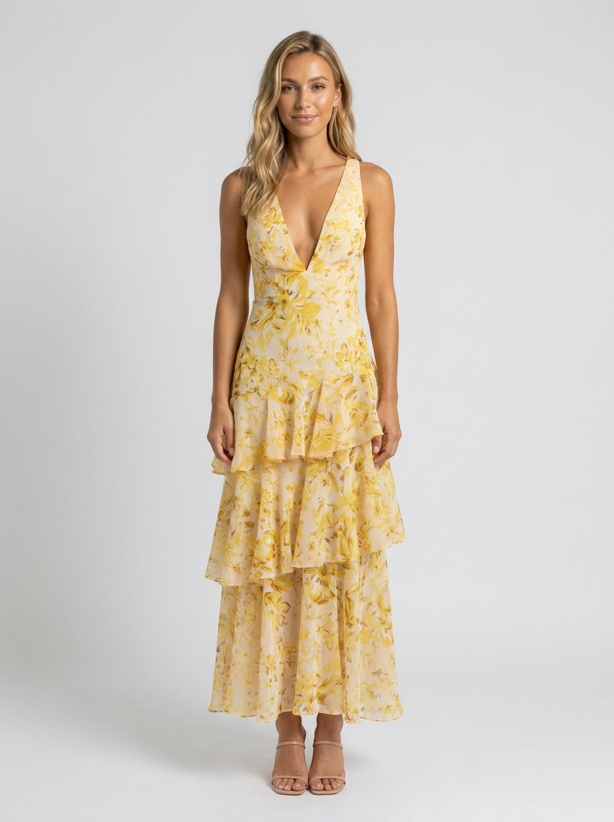 Prisca Floral Tiered Ruffle Maxi Dress - Yellow Floral