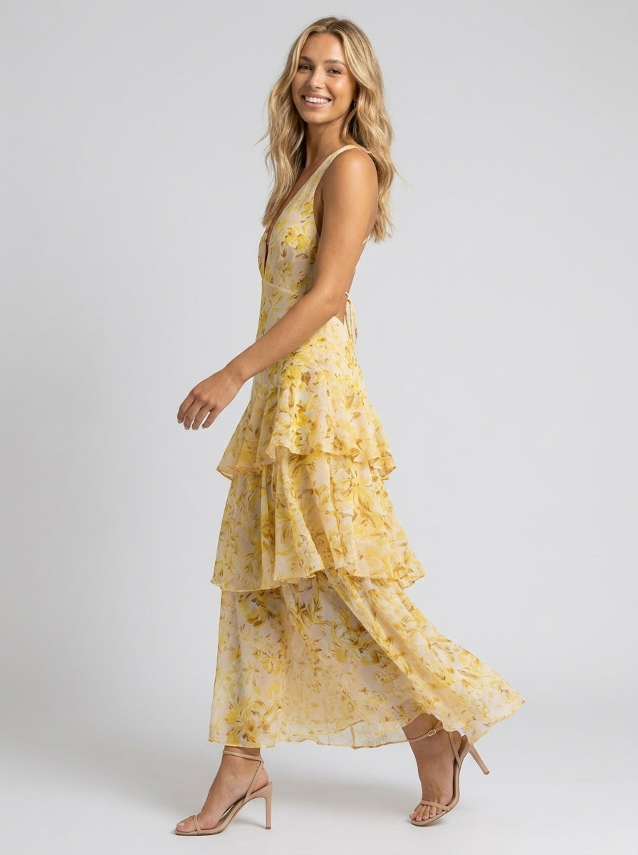 Prisca Floral Tiered Ruffle Maxi Dress - Yellow Floral