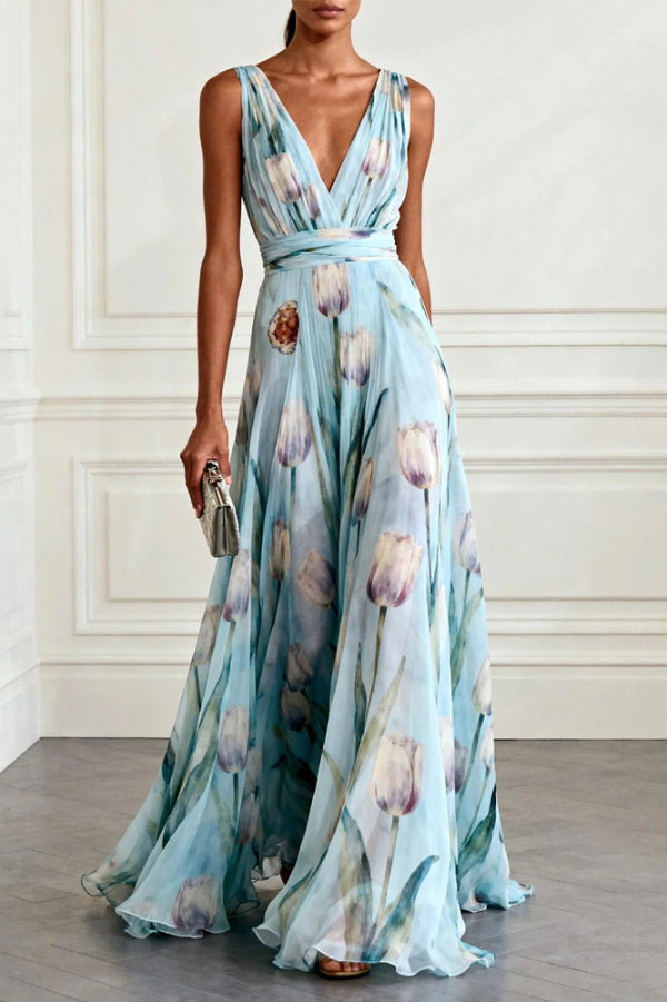 Quinley V-Neck Floral Maxi Dress - Aqua Blue