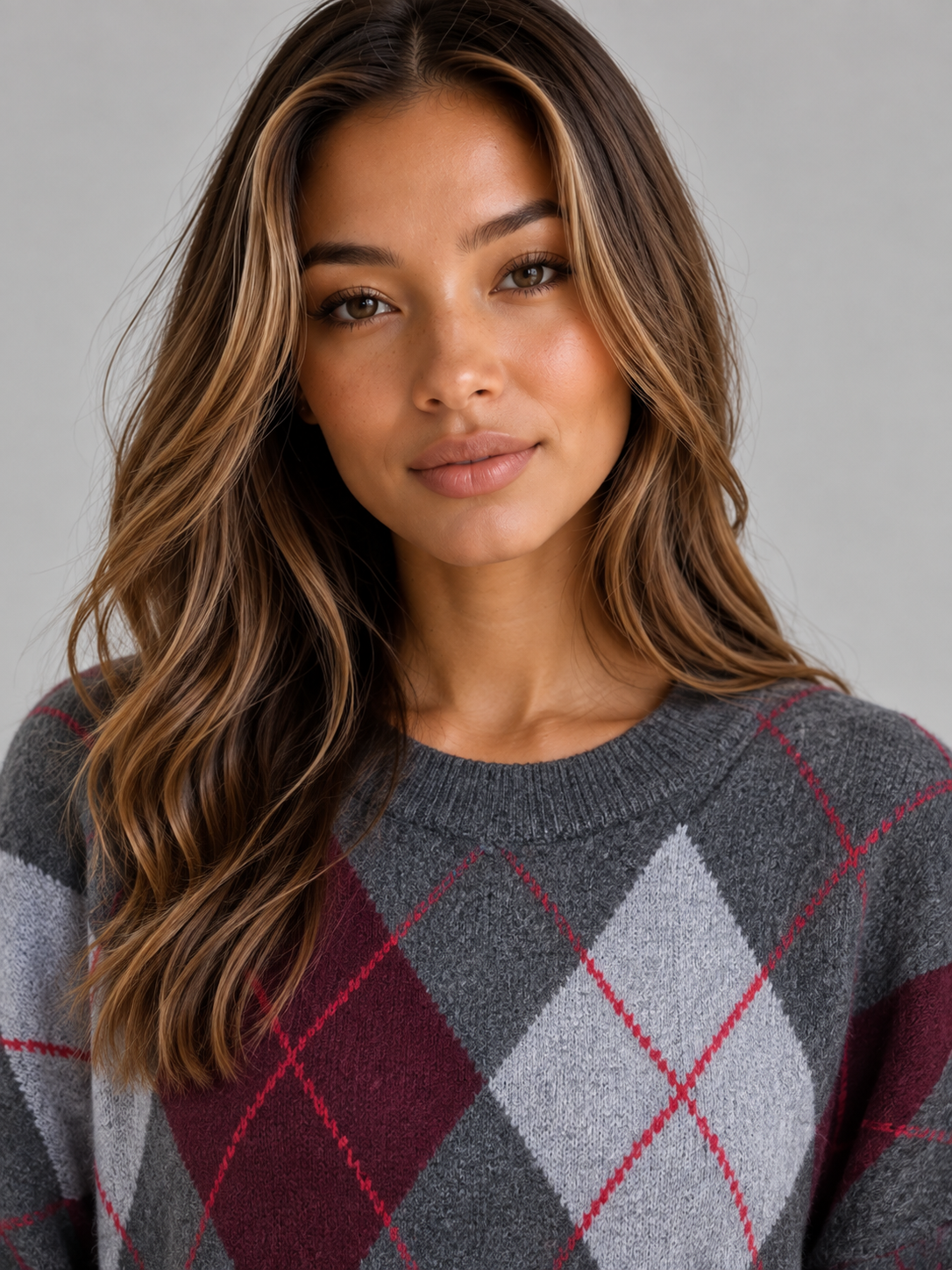 Rachael Contrast Argyle Sweater - Gray Argyle
