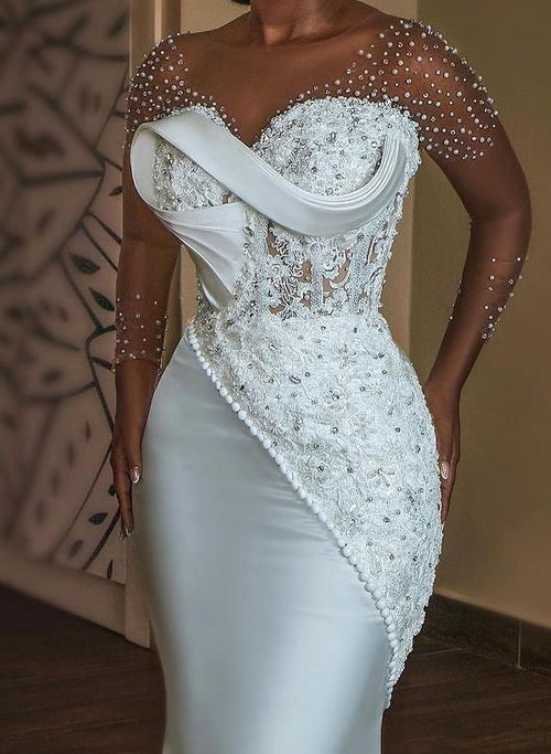 Raelynn Beaded Lace Mermaid Gown - White