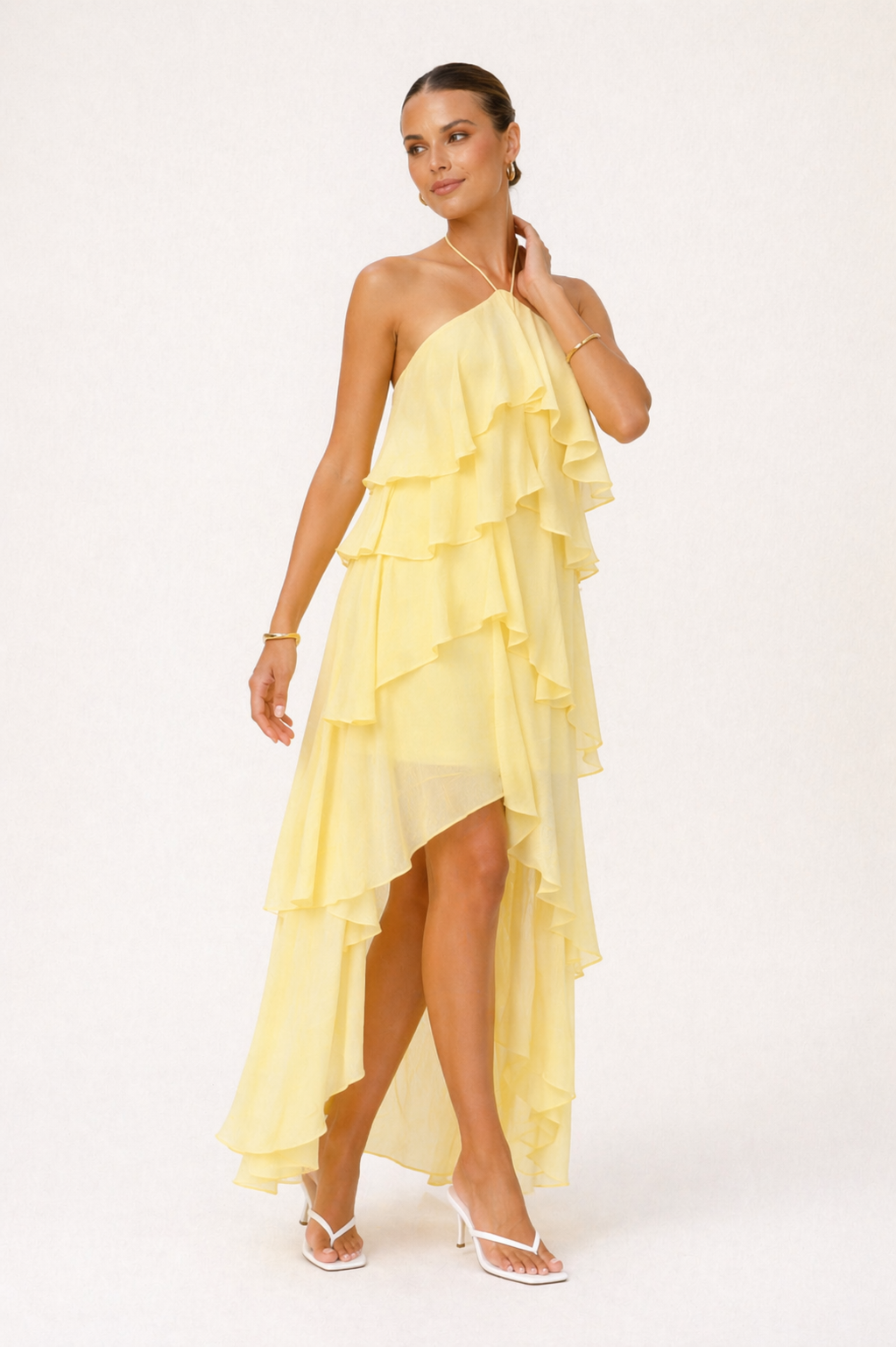 Rivka Tiered Ruffle Halter Maxi Dress - Butter Yellow