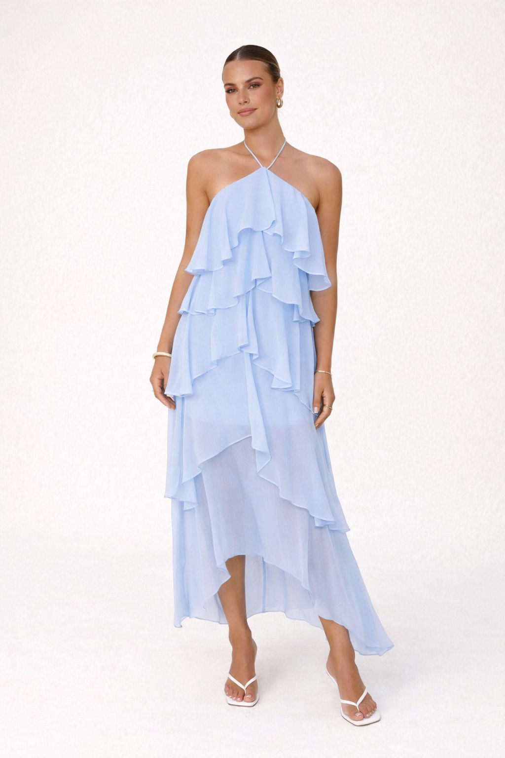 Rivka Tiered Ruffle Halter Maxi Dress - Light Blue