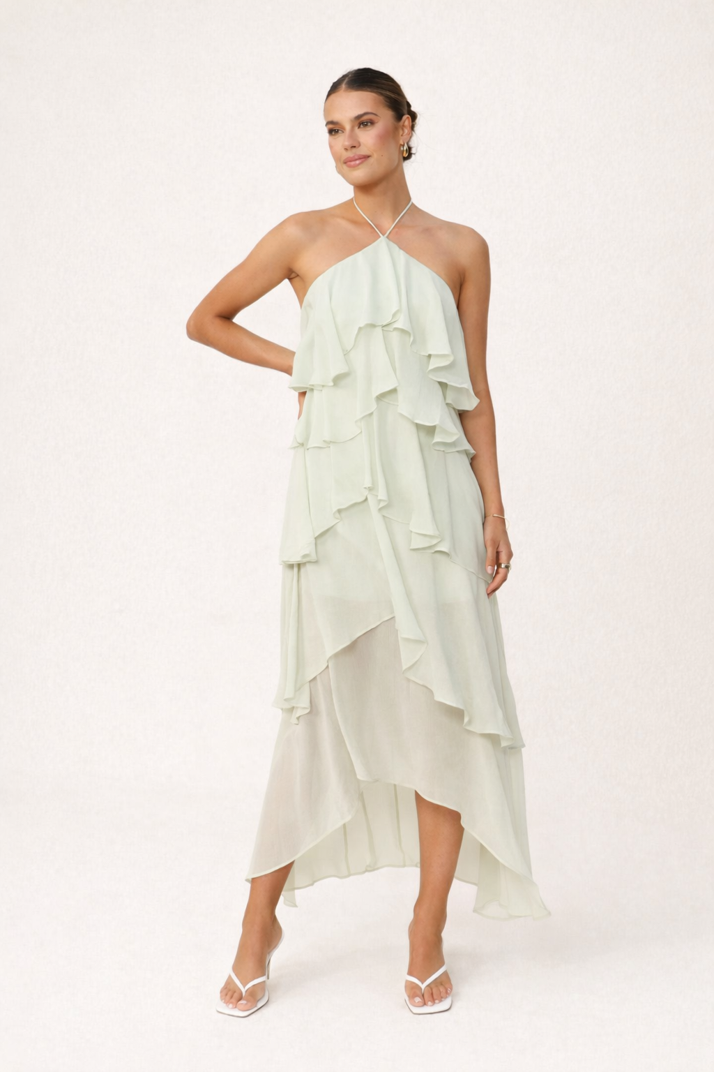 Rivka Tiered Ruffle Halter Maxi Dress - Sage