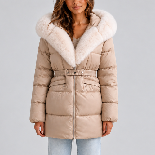 Robyn Belted Faux Fur Puffer Coat - Beige