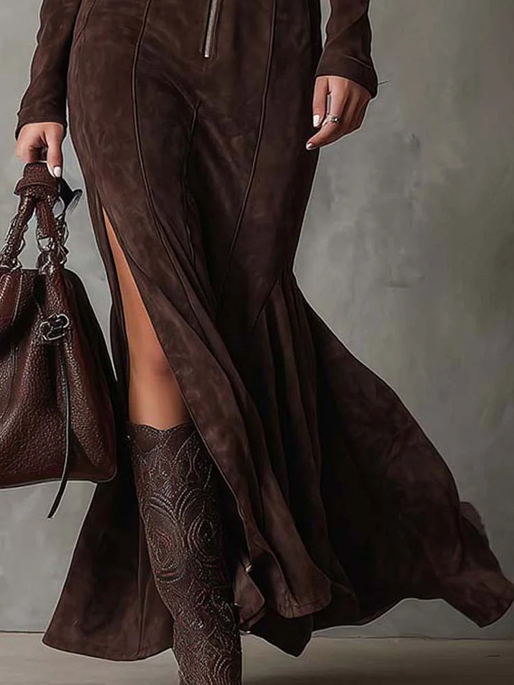 Rona Belted Zip Front Suede Maxi Dress - Chocolate Brown