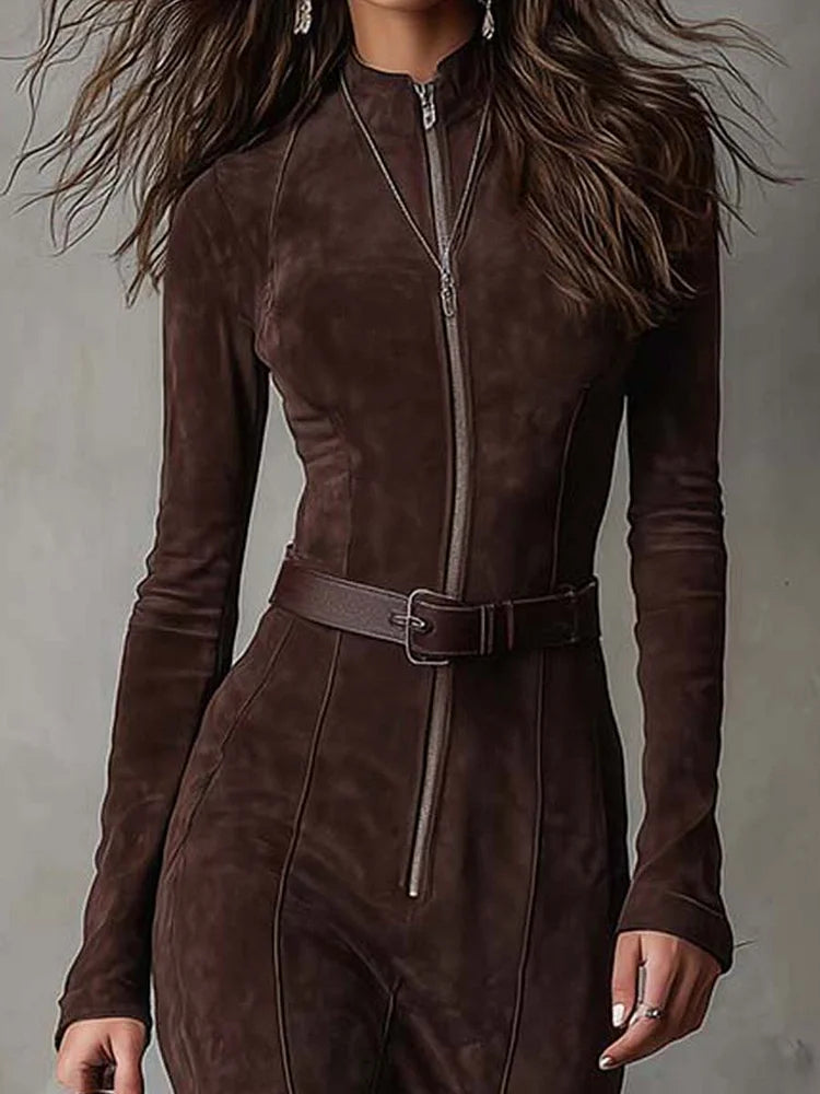 Rona Belted Zip Front Suede Maxi Dress - Chocolate Brown