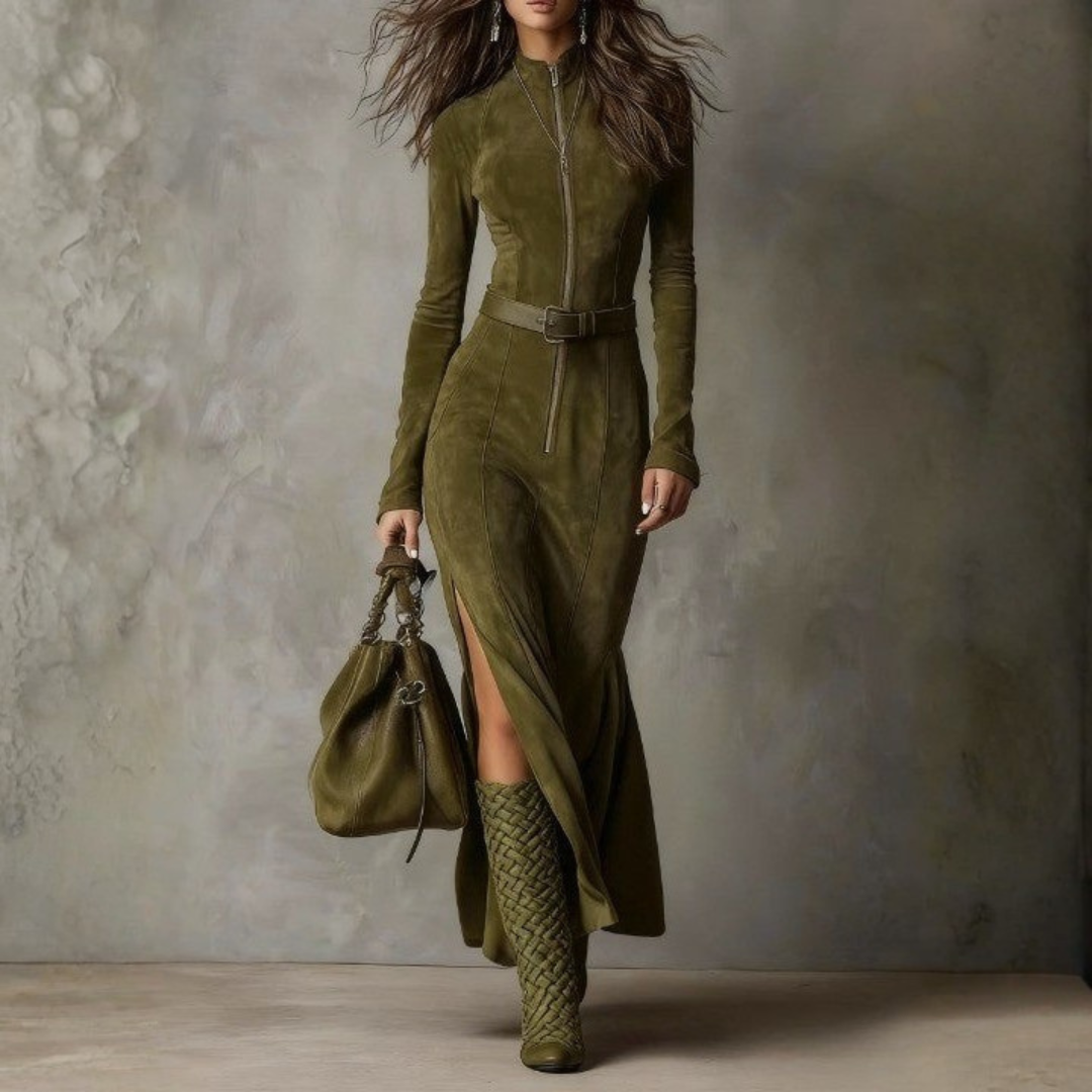 Rona Belted Zip Front Suede Maxi Dress - Olive Green