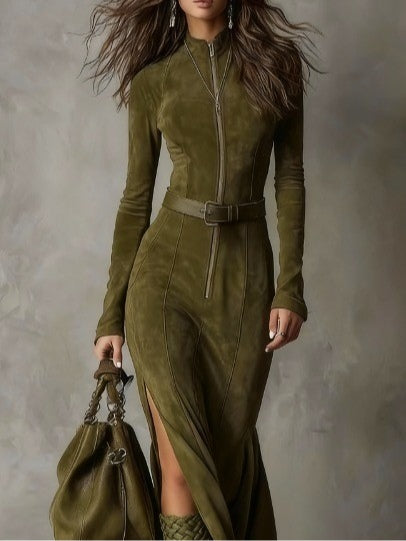 Rona Belted Zip Front Suede Maxi Dress - Olive Green
