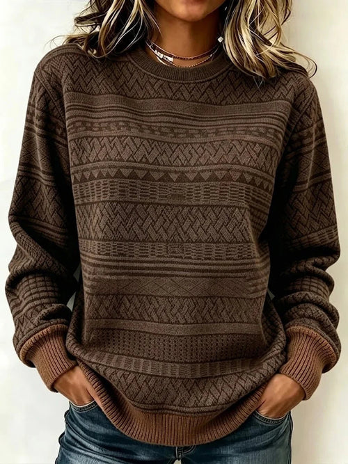 Rosita Geometric Print Crew Neck Pullover Top - Chocolate Brown
