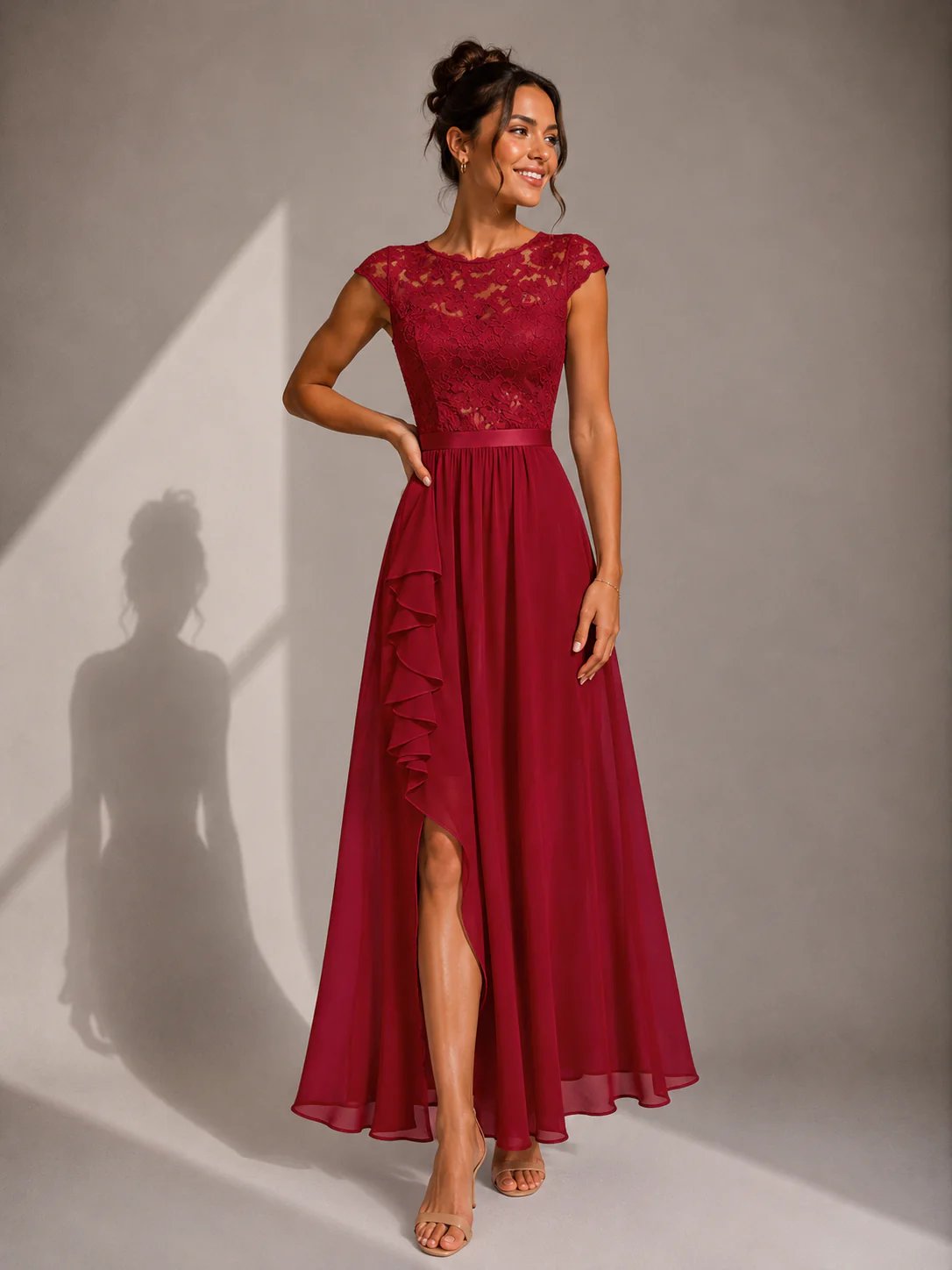Sabrine Lace Bodice High Low Maxi Dress - Burgundy