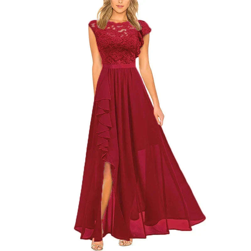 Sabrine Lace Bodice High Low Maxi Dress - Burgundy