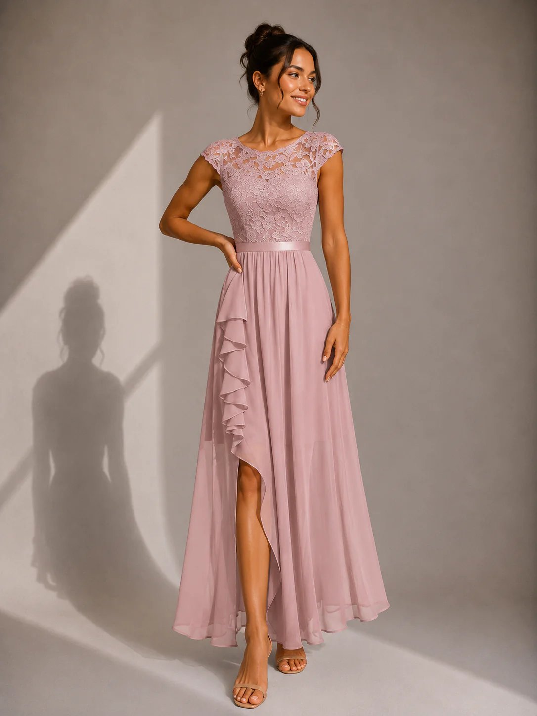 Sabrine Lace Bodice High Low Maxi Dress - Dusty Pink