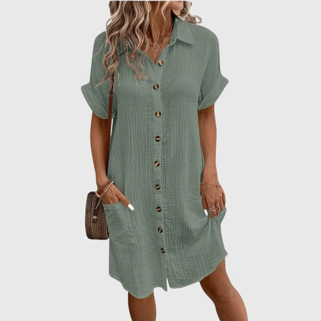 Sanne Cuffed Sleeve Shirt Mini Dress - Sage Green