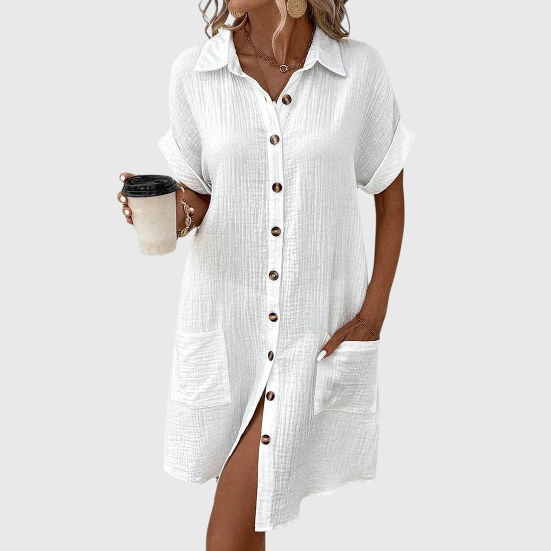 Sanne Cuffed Sleeve Shirt Mini Dress - White