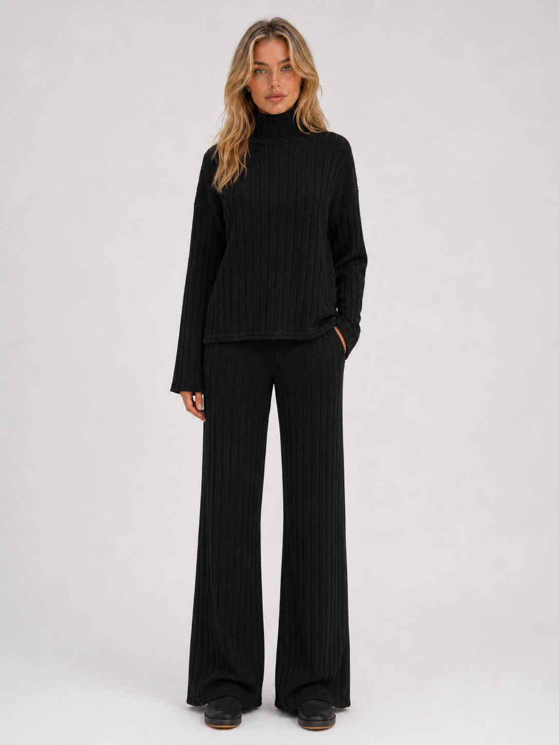 Selma Roll Neck Ribbed Knit Lounge Set - Black