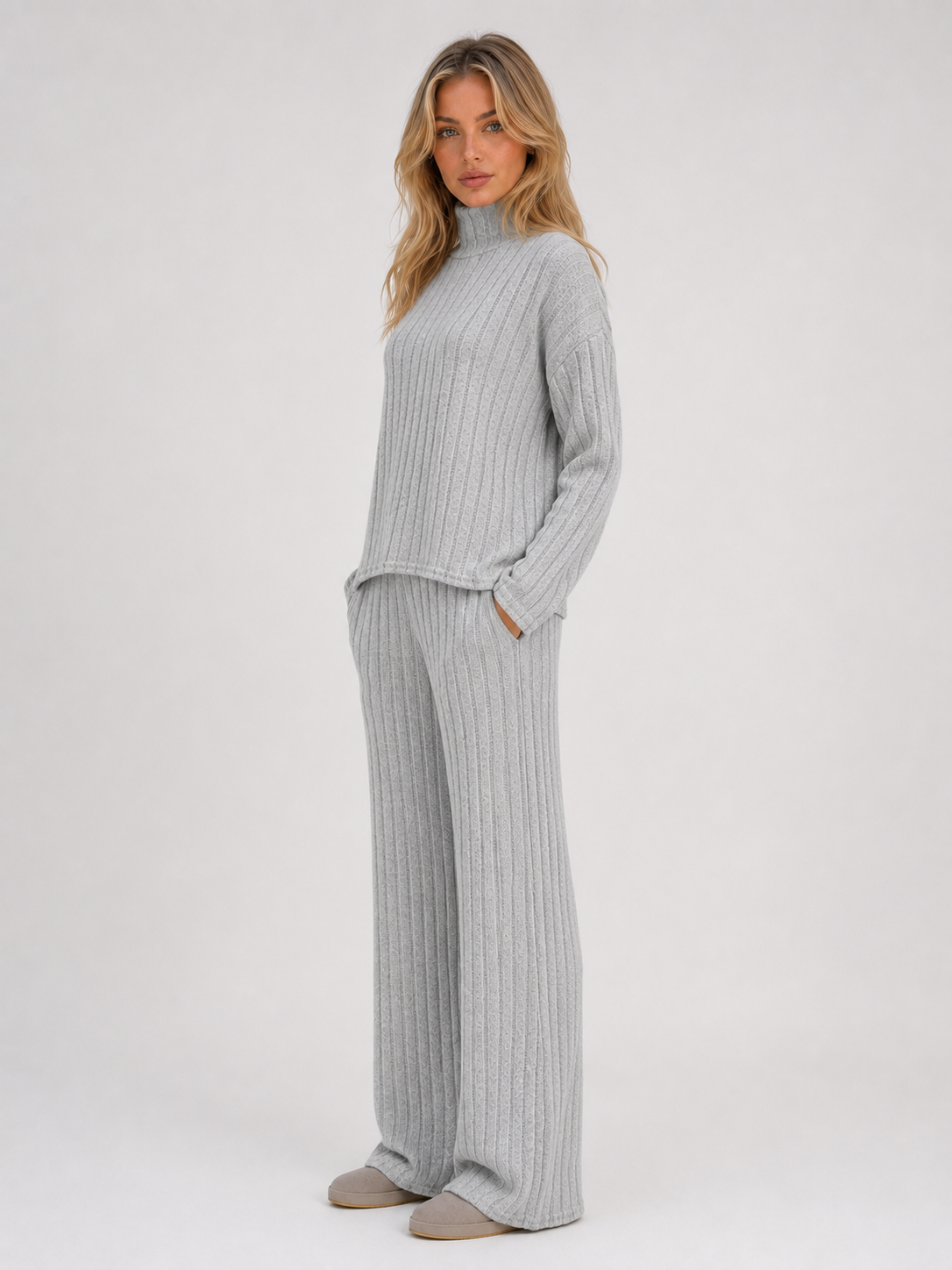 Selma Roll Neck Ribbed Knit Lounge Set - Gray