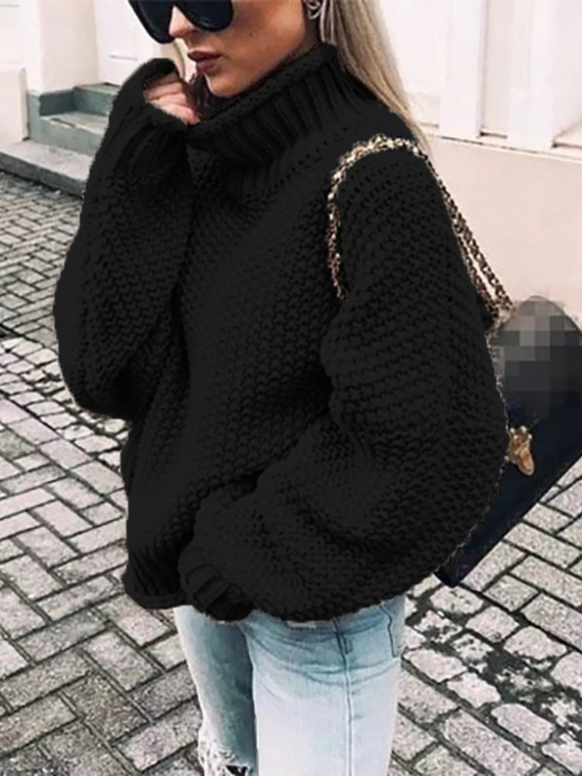 Silje Chunky Knit Turtleneck Sweater - Black