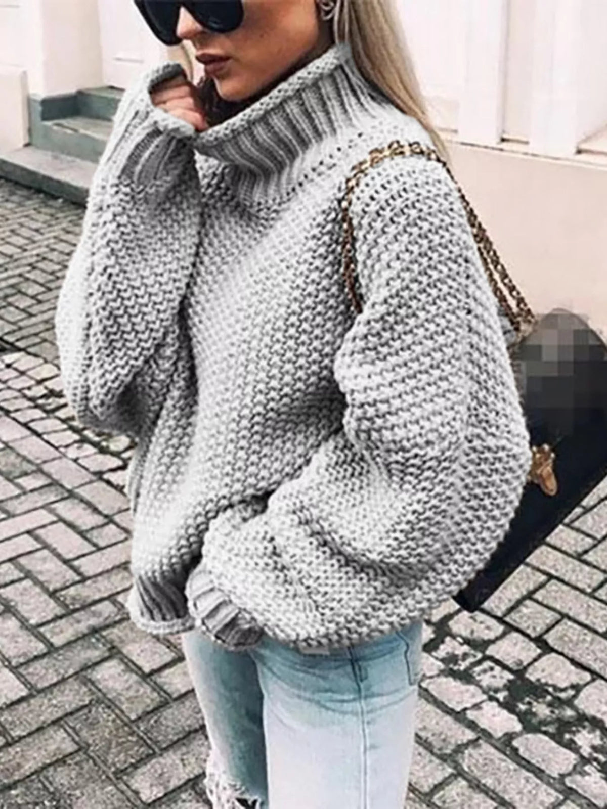 Silje Chunky Knit Turtleneck Sweater - Gray