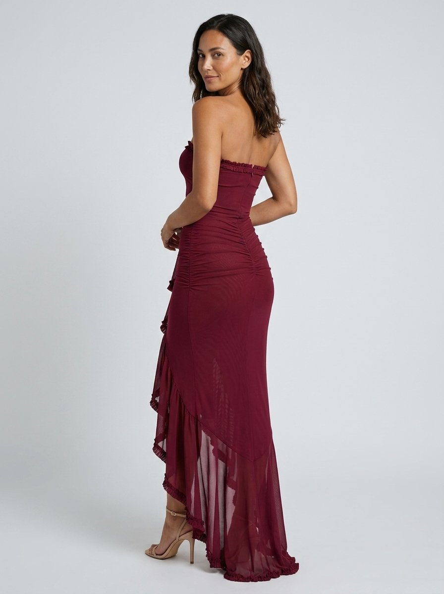 Sinead Strapless Ruched Cascade Maxi Dress - Burgundy