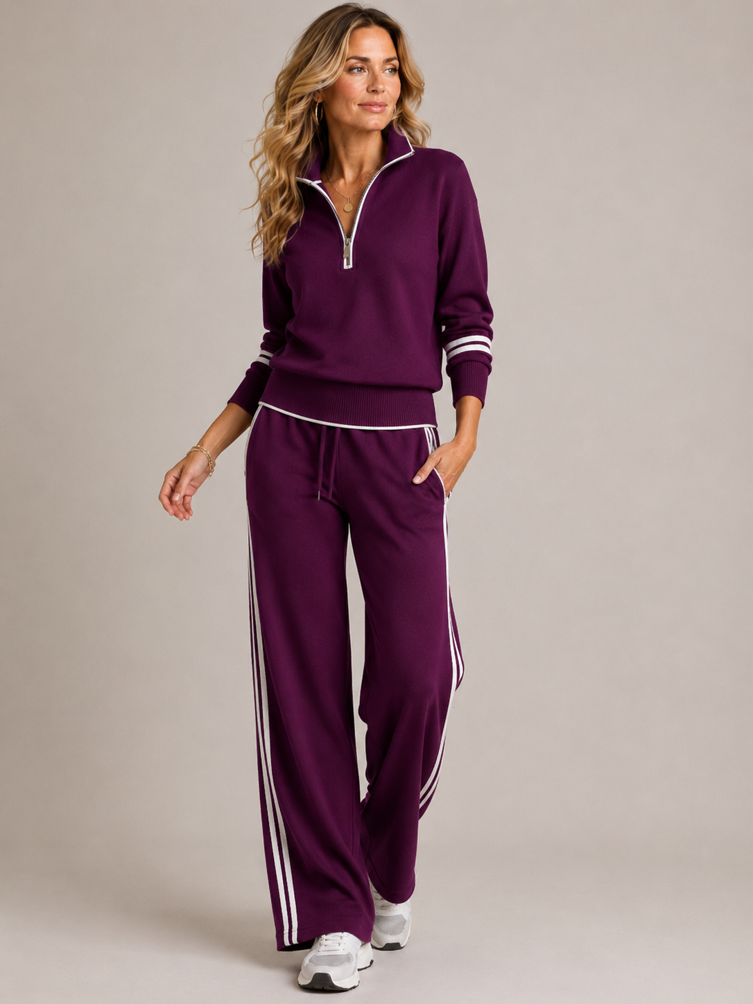 Skye Quarter-Zip Striped Trouser Set - Purple