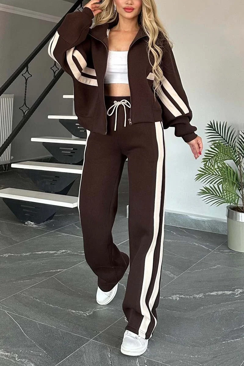 Soline Striped Jacket Set - Brown