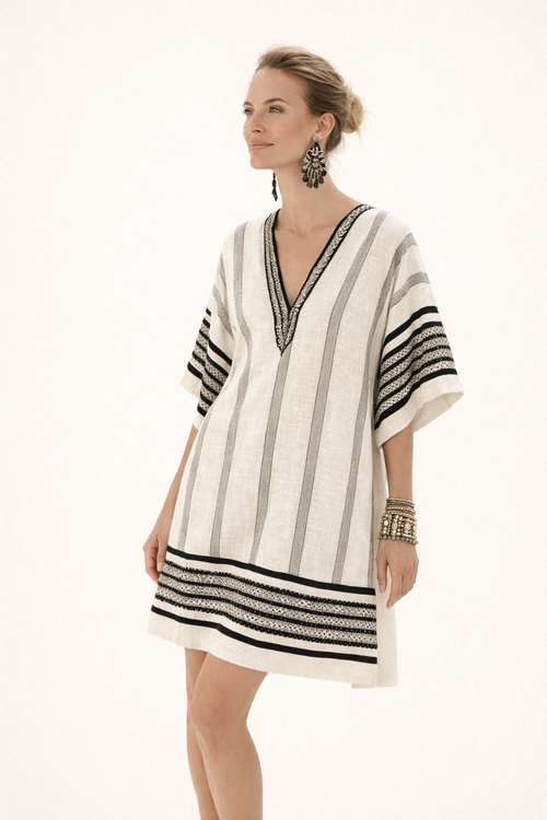 Sonja Striped V-Neck Mini Dress - Ivory and Black Stripe