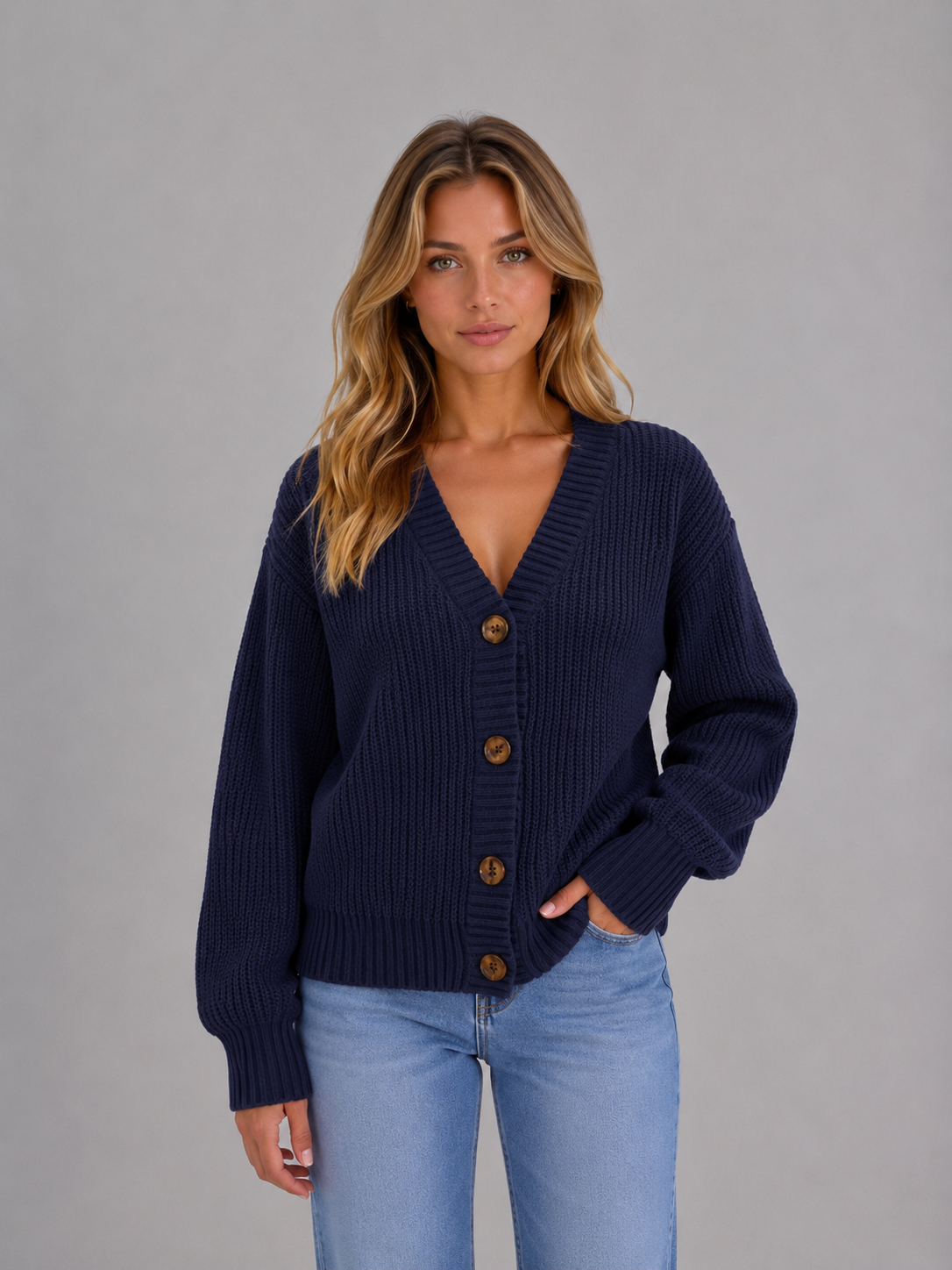 Susannah Ribbed V-Neck Button Cardigan - Navy