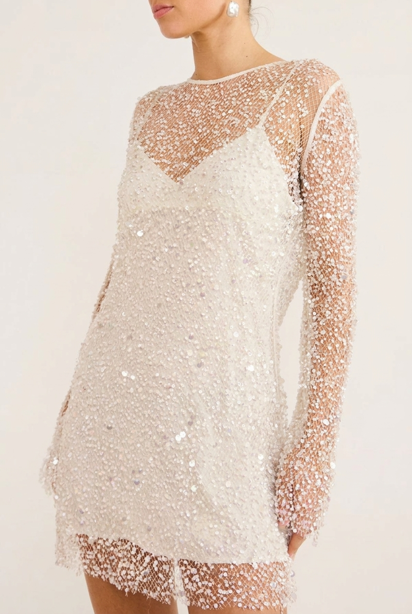 Svea Sequin Long Sleeve Mini Dress - White