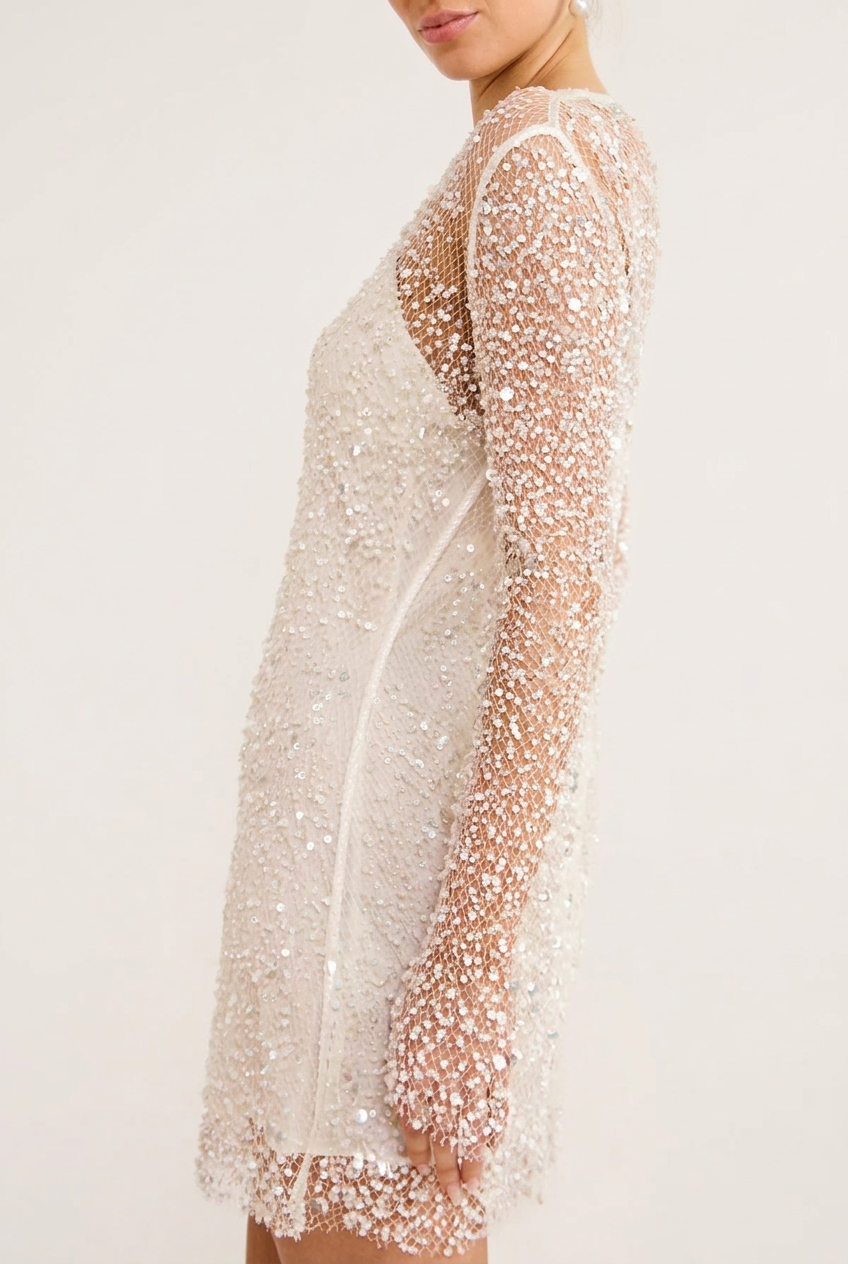 Svea Sequin Long Sleeve Mini Dress - White